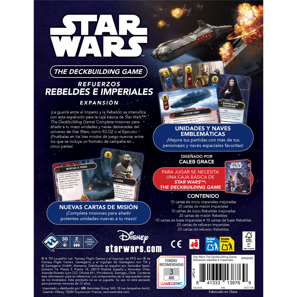 Parte trasera caja expansión Star Wars Deckbuilding Game Rebeldes e Imperiales con contenido de cartas