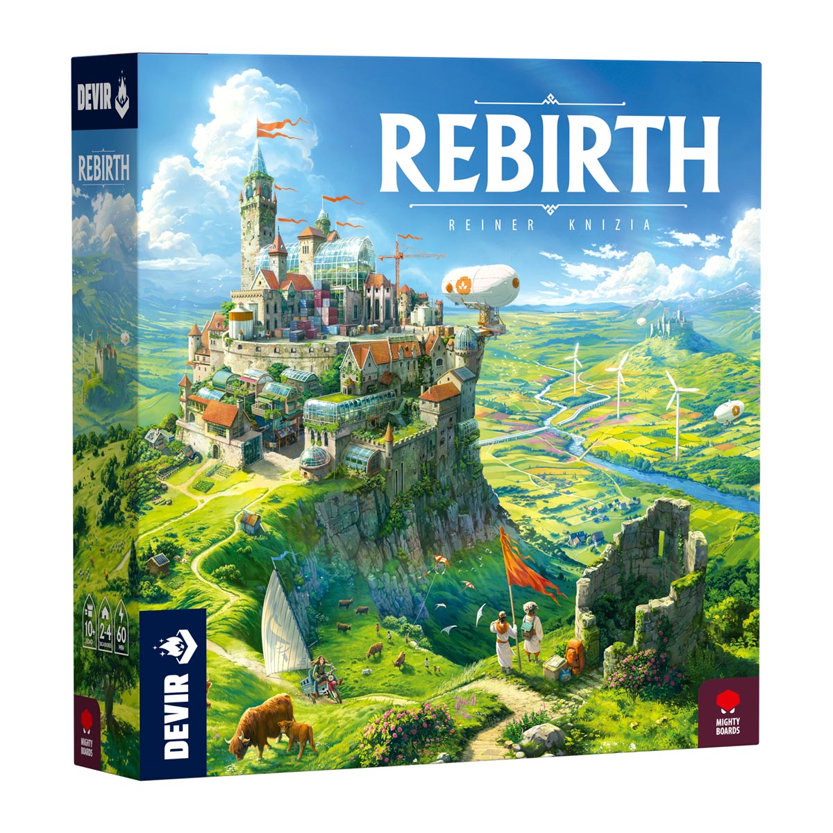 Caja del juego de mesa Rebirth de Reiner Knizia con arte de castillo y paisaje verde