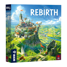 Caja del juego de mesa Rebirth de Reiner Knizia con arte de castillo y paisaje verde