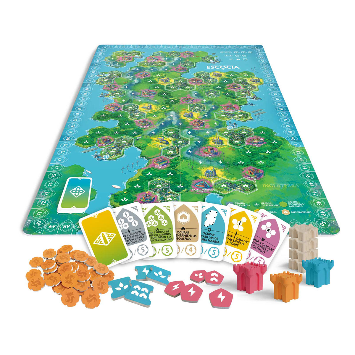 Tablero Rebirth con hexágonos, cartas en español y fichas de madera para eurojuego familiar