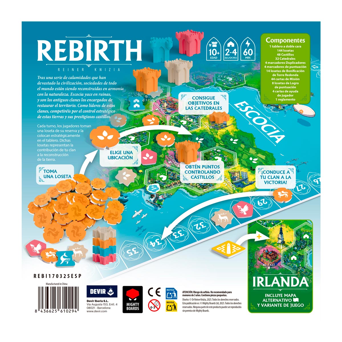 Dorso del tablero Rebirth mostrando componentes, reglas y mapa alternativo de Irlanda