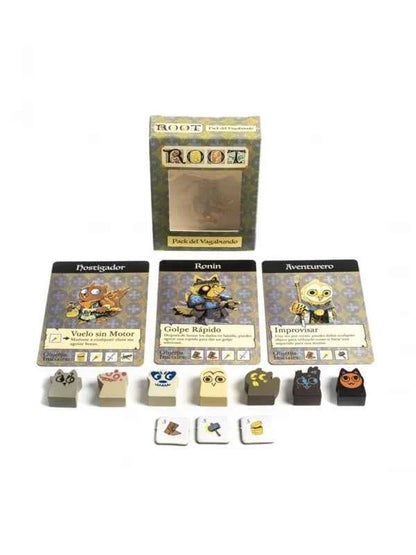 Root Caja Pack Vagabundo con siete figuras de madera personalizadas y cartas de personaje