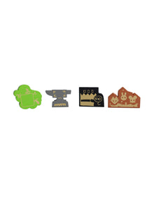 Conjunto de cuatro piezas de lugares míticos alineadas con detalles dorados sobre fondo blanco