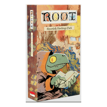 Caja de Root: Secuaces Ribereños, expansión con ilustración reptilide y bosque otoñal