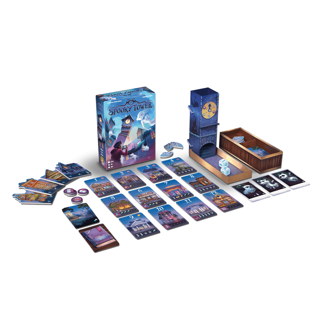 Juego de mesa Spooky Tower con torre azul, dados y cartas para familias