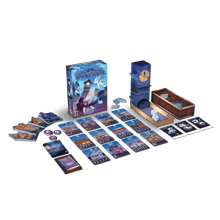 Juego de mesa Spooky Tower con torre azul, dados y cartas para familias