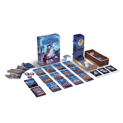 Juego de mesa Spooky Tower con torre azul, dados y cartas para familias
