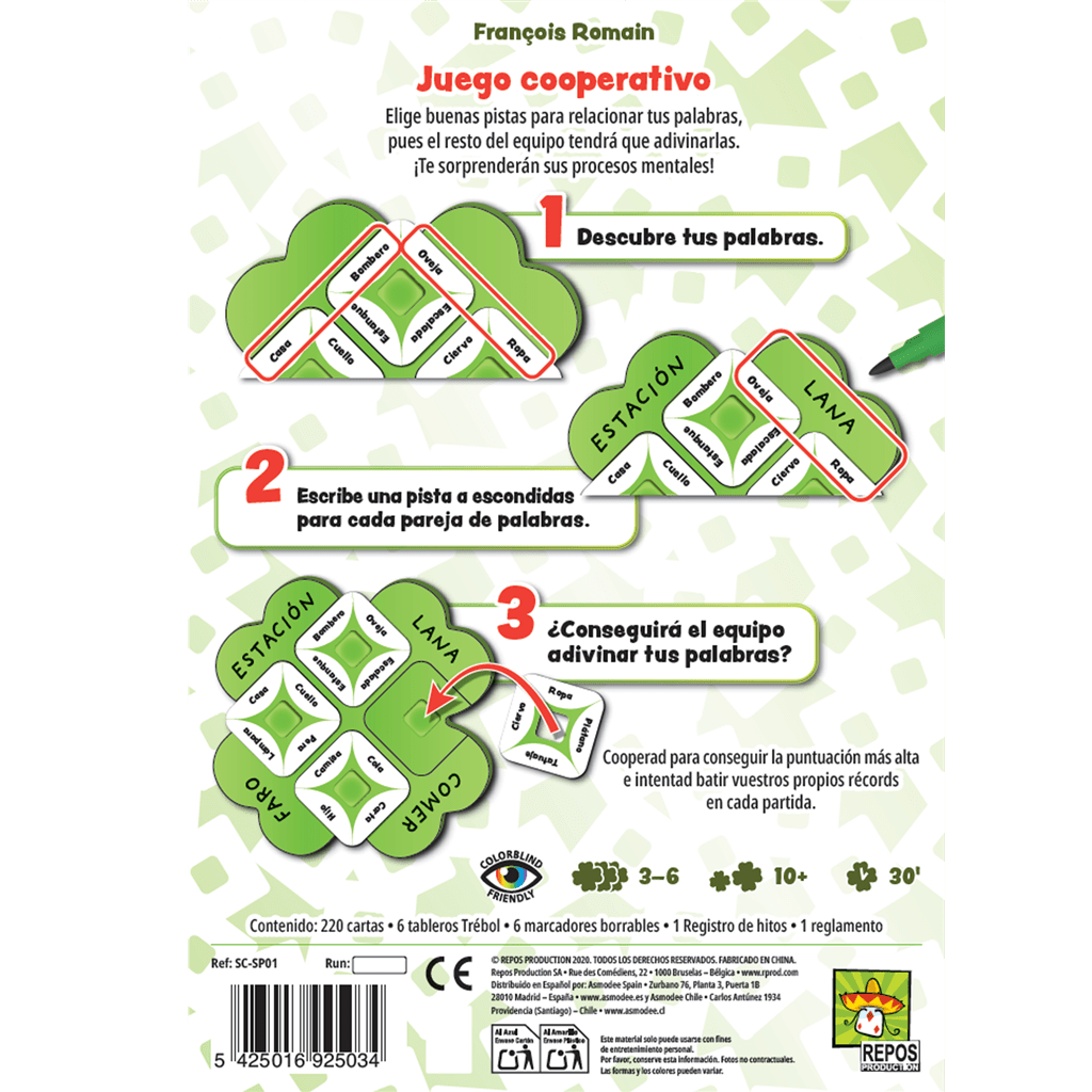 Parte trasera caja juego So Clover con instrucciones y contenido de 220 cartas