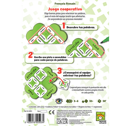 Parte trasera caja juego So Clover con instrucciones y contenido de 220 cartas