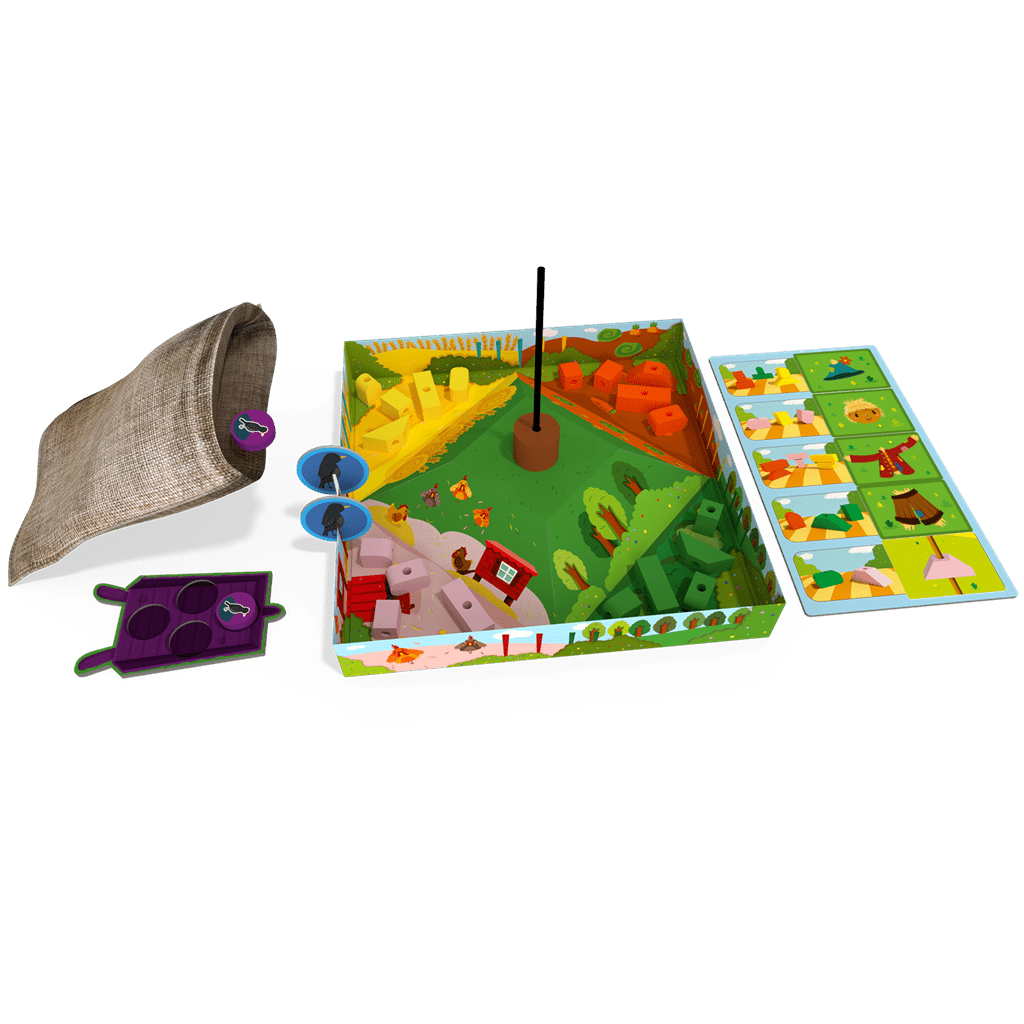 Componentes del juego cooperativo El Espantapájaros Feliz incluyendo bolsa de tela y fichas de madera