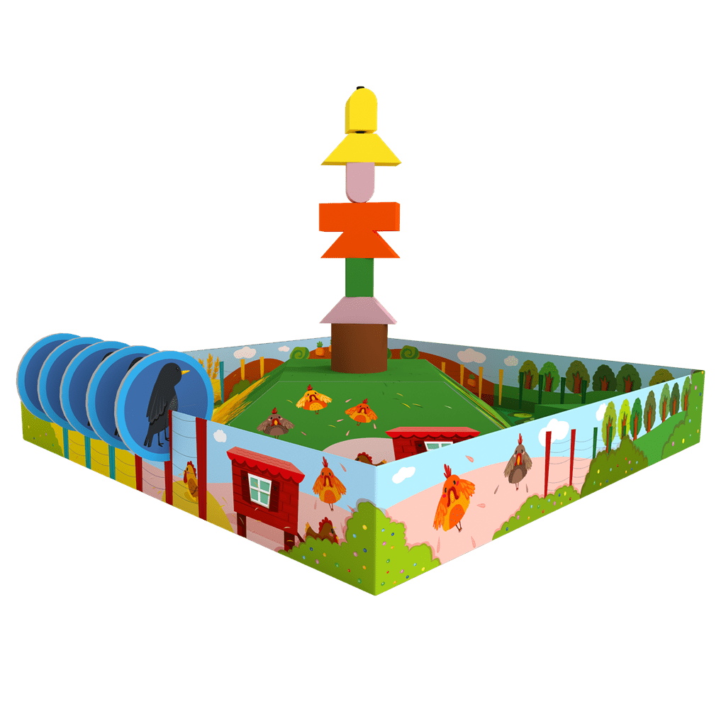 Tablero de juego El Espantapájaros Feliz vista isométrica con base central y piezas de madera apiladas