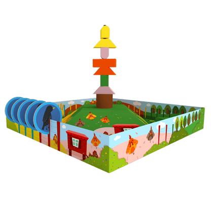 Tablero de juego El Espantapájaros Feliz vista isométrica con base central y piezas de madera apiladas