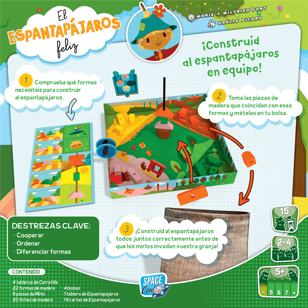 Juego de mesa infantil El Espantapájaros Feliz con tablero de madera y piezas para construir en equipo