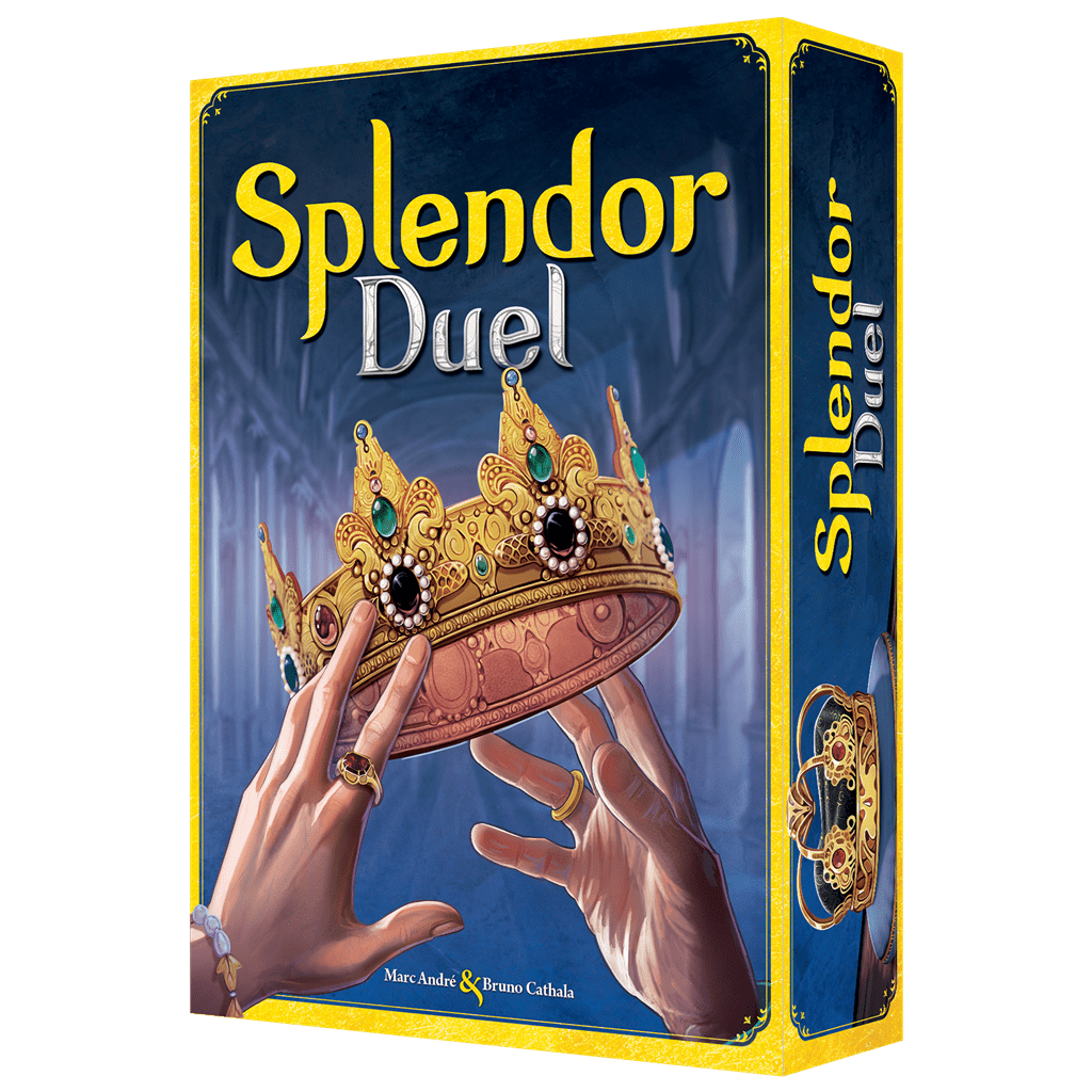 Caja frontal Splendor Duel juego de mesa dos manos sosteniendo corona con gemas