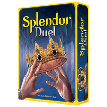 Caja frontal Splendor Duel juego de mesa dos manos sosteniendo corona con gemas