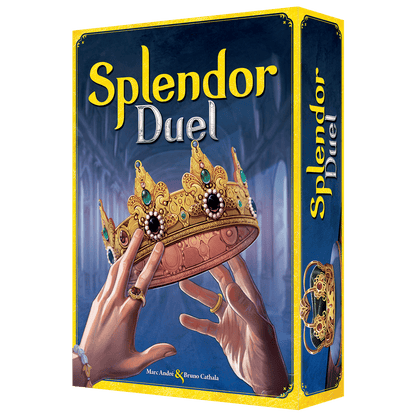 Caja frontal Splendor Duel juego de mesa dos manos sosteniendo corona con gemas