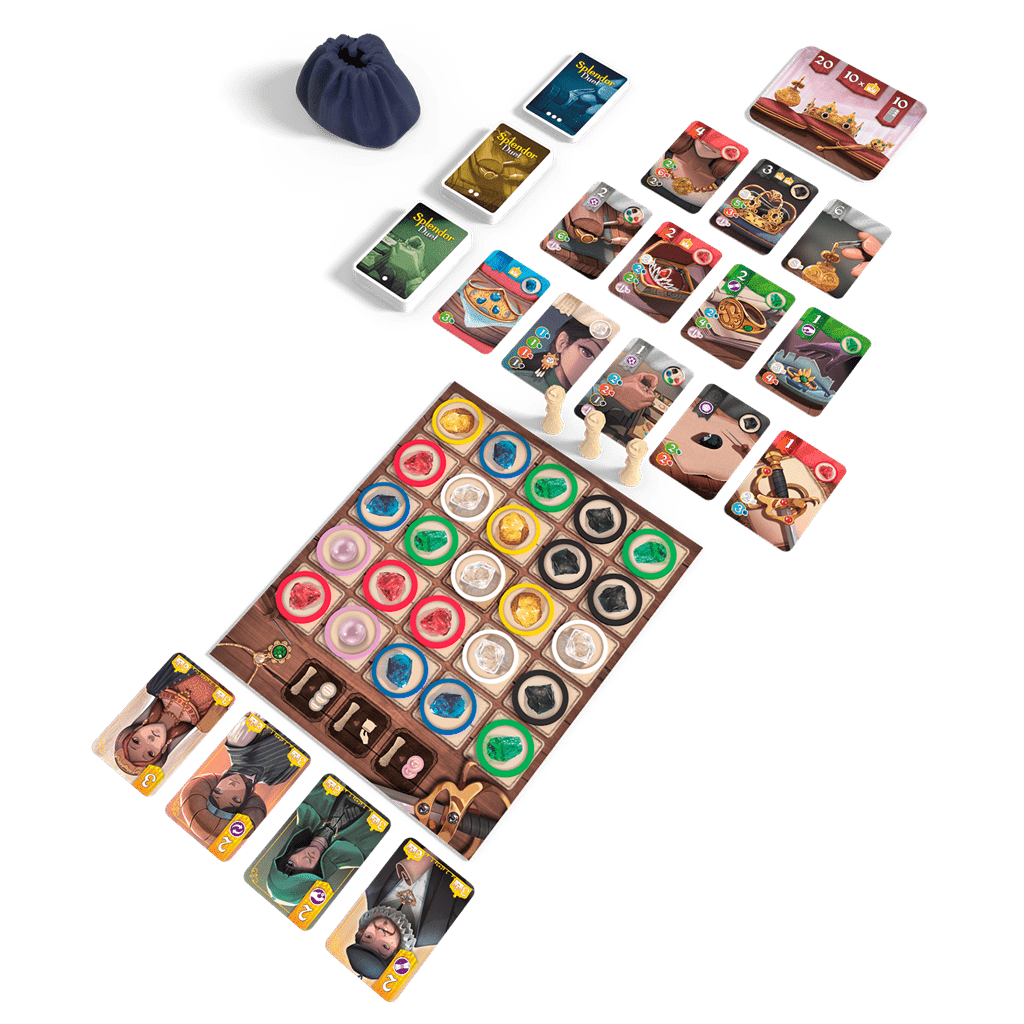 Juego completo Splendor Duel caja, tablero, cartas y fichas sobre fondo blanco