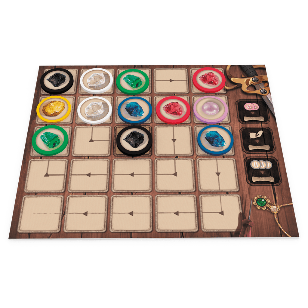 Tablero Splendor Duel madera con casillas, flechas y fichas de gemas multicolor