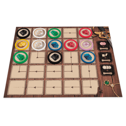 Tablero Splendor Duel madera con casillas, flechas y fichas de gemas multicolor