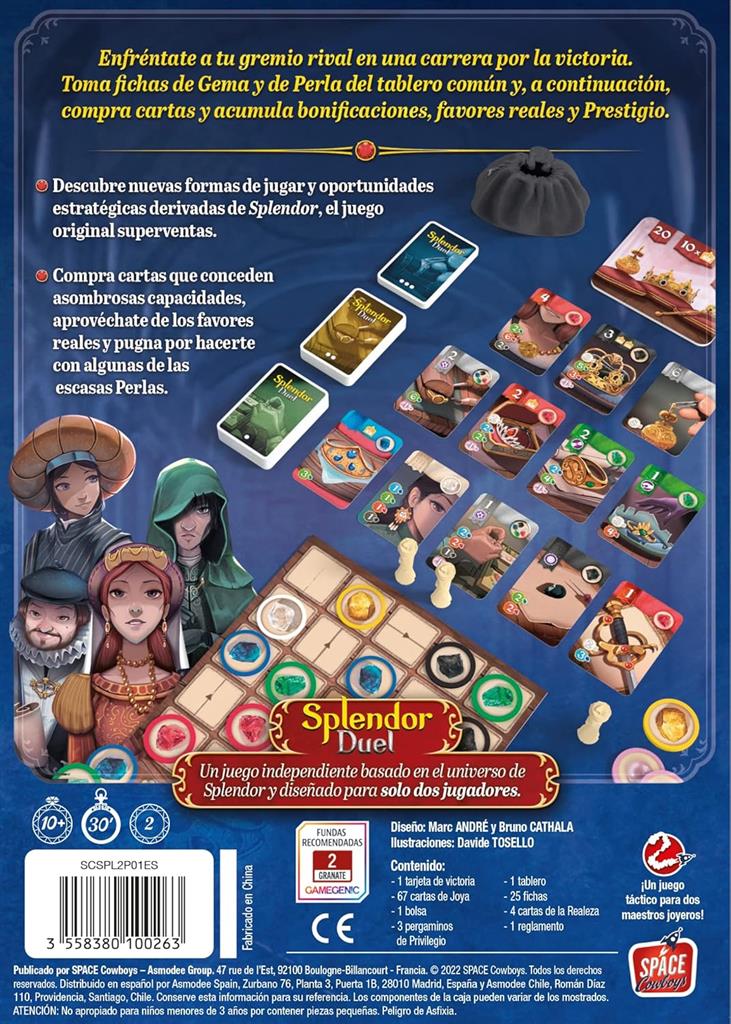 Dorso caja Splendor Duel juego de estrategia renacentista para 2 jugadores desde 10 años
