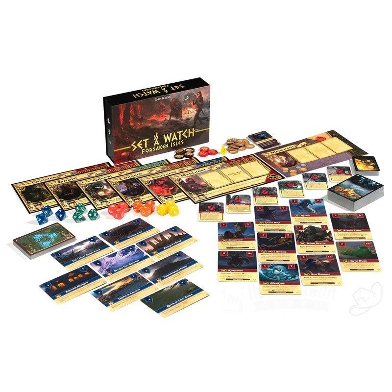 Juego de mesa Set a Watch Forsaken Isles con componentes, cartas y dados sobre fondo blanco