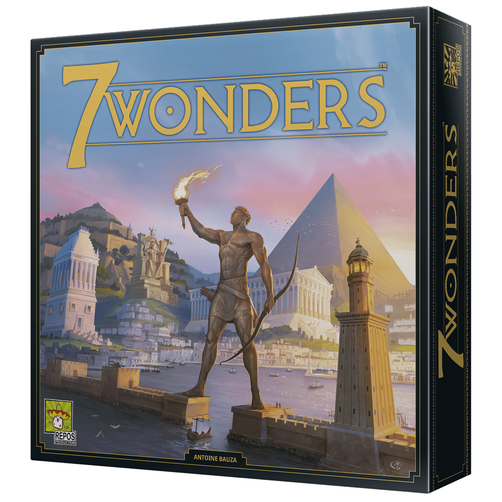 Caja frontal juego de mesa 7 Wonders con ilustración de maravillas antiguas