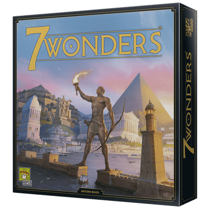 Caja frontal juego de mesa 7 Wonders con ilustración de maravillas antiguas
