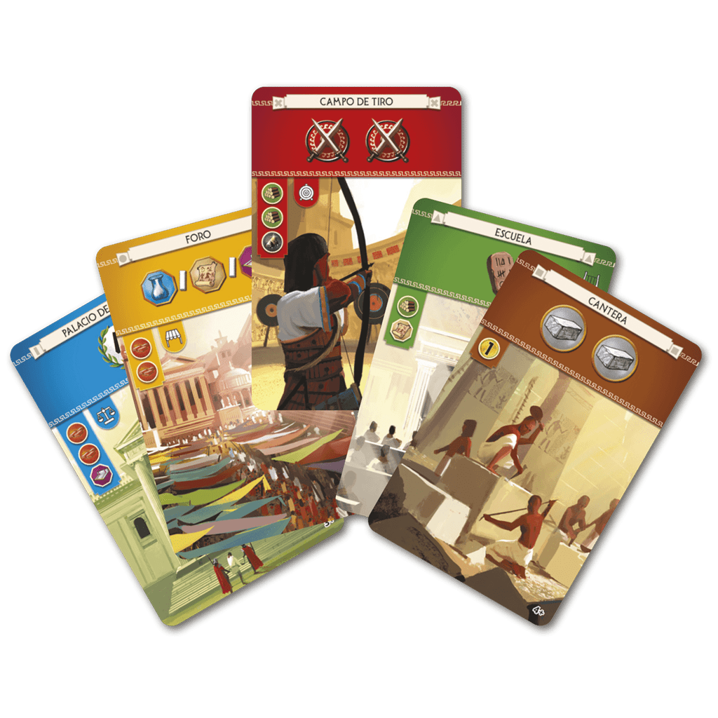 Cartas de construcción del juego de estrategia 7 Wonders en abanico
