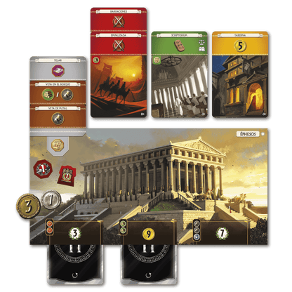 Componentes del juego de mesa 7 Wonders con cartas y tablero Éfeso
