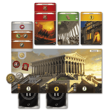 Componentes del juego 7 Wonders incluyendo cartas, tableros de puntuación y fichas