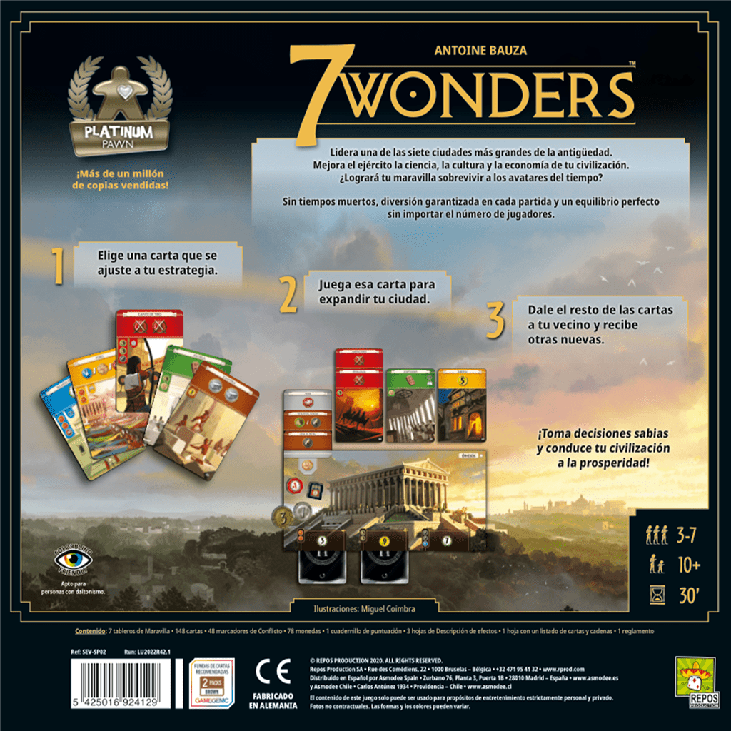 Contraportada caja juego de mesa 7 Wonders para 3 a 7 jugadores