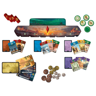 Componentes juego de mesa 7 Wonders Duel cartas fichas monedas y tableros sobre fondo blanco