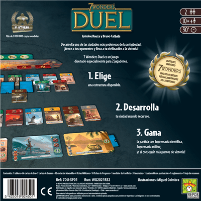 Parte trasera caja juego de mesa 7 Wonders Duel para 2 jugadores con componentes y reglas