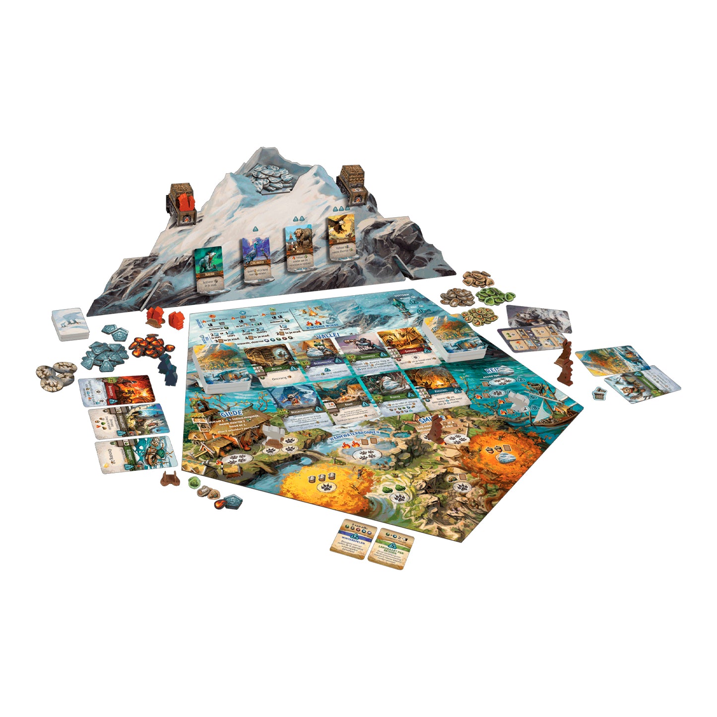 Juego de mesa Everdell: Silverfrost montado con tablero, cartas y fichas