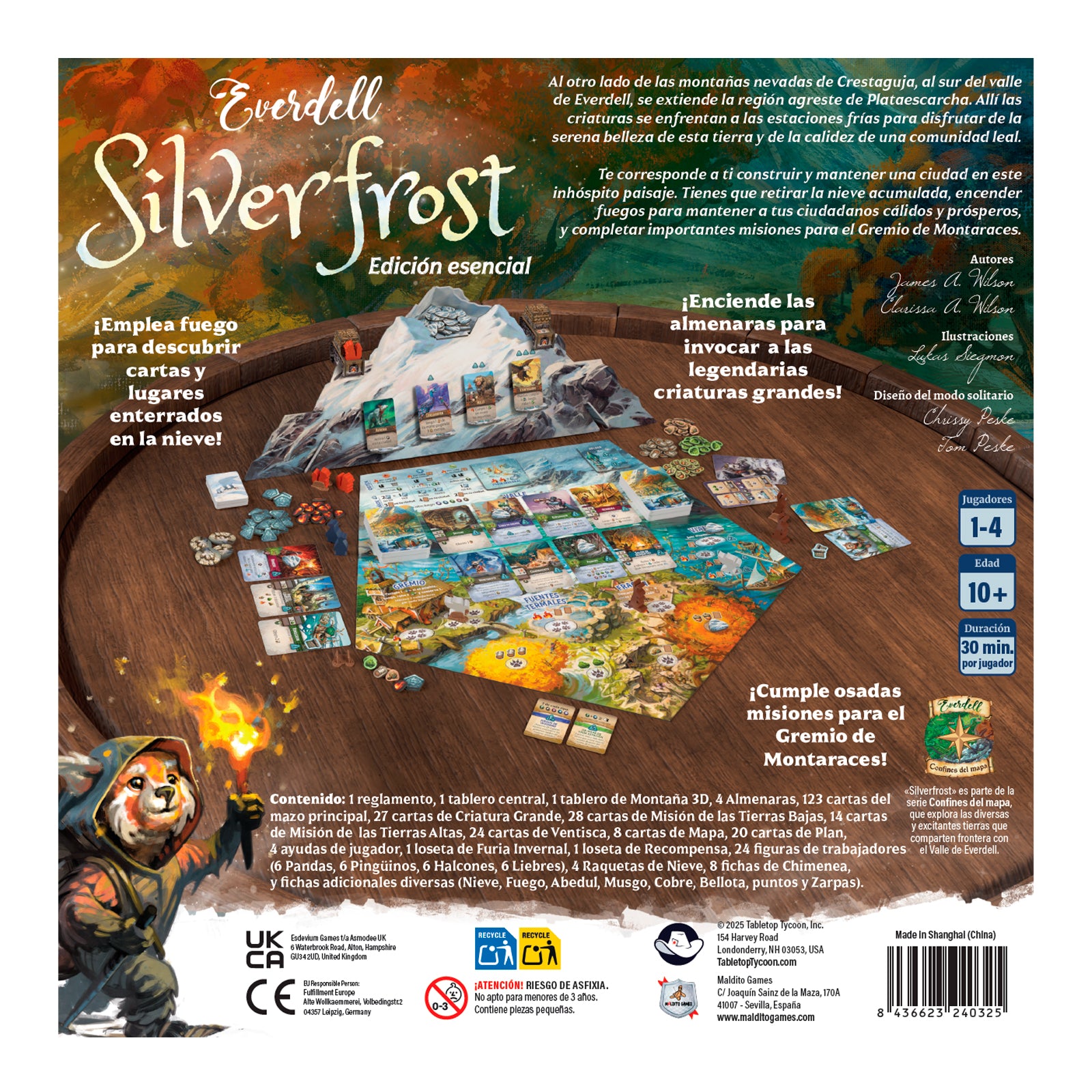 Contraportada juego Everdell: Silverfrost Edición esencial con componentes y reglas