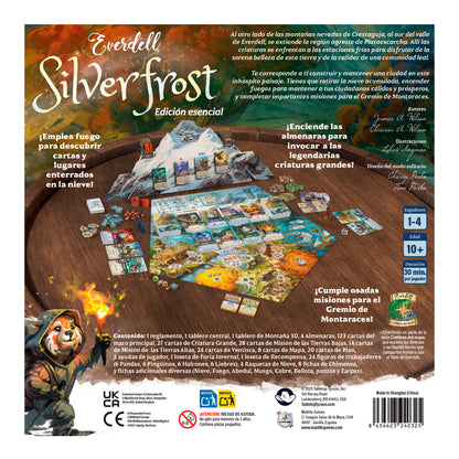 Contraportada juego Everdell: Silverfrost Edición esencial con componentes y reglas