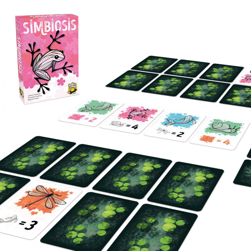 Caja del juego de cartas Simbiosis con ilustración de rana y animales