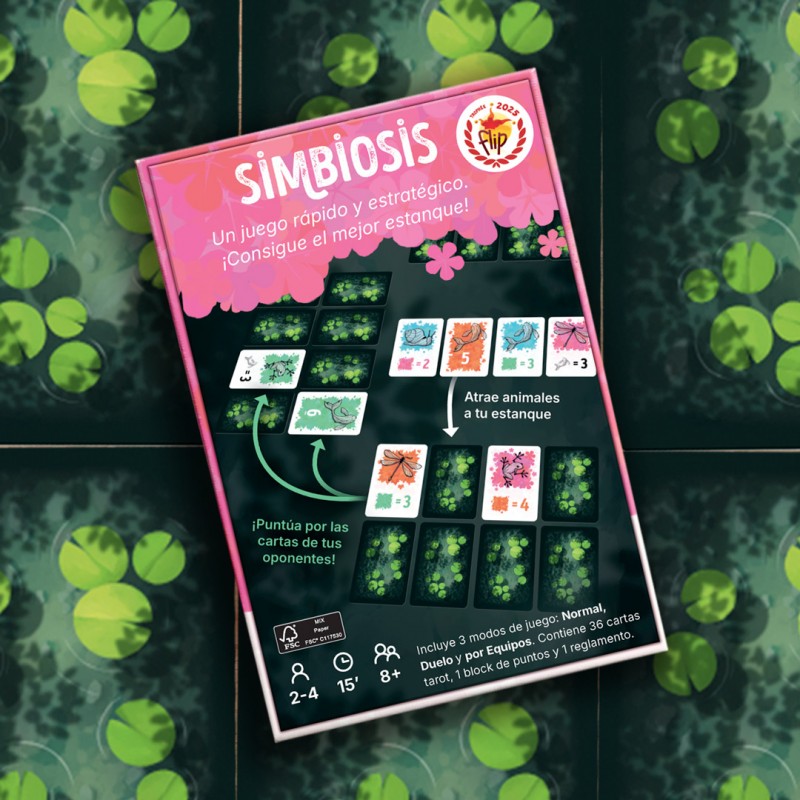 Parte trasera de la caja del juego de cartas Simbiosis con reglas
