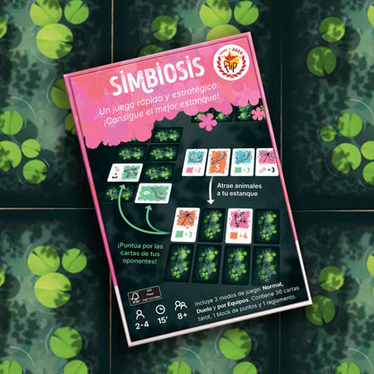 Parte trasera de la caja del juego de cartas Simbiosis con reglas