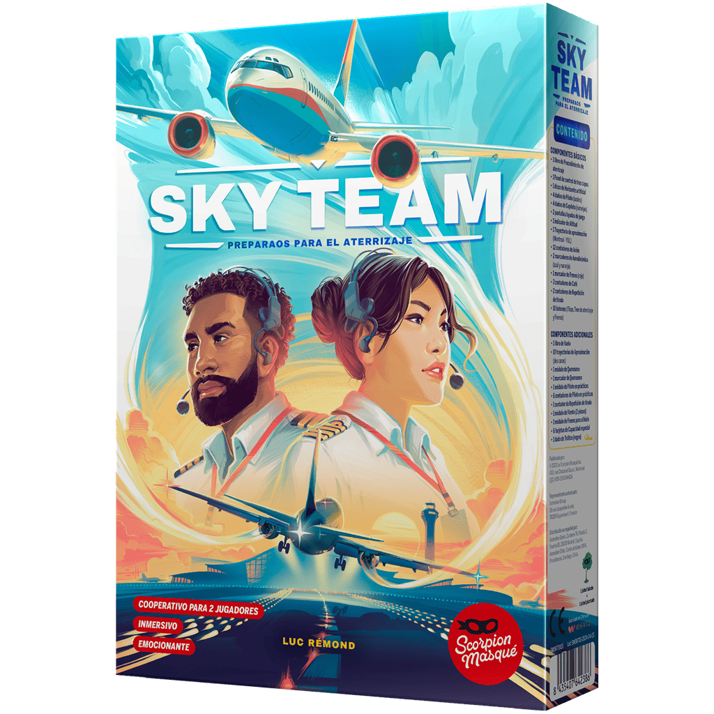 Caja del juego Sky Team con ilustración de pilotos y avión, diseño Scorpion Masqué