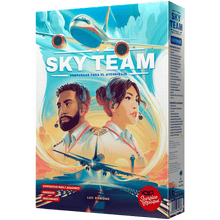 Caja del juego Sky Team con ilustración de pilotos y avión, diseño Scorpion Masqué