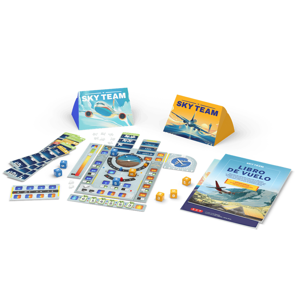 Piezas del juego Sky Team: panel, dados azules y naranjas, cartas y libro de vuelo
