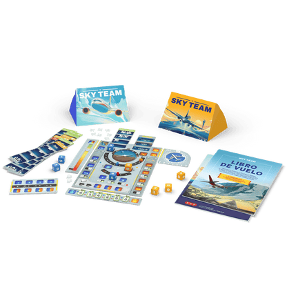 Piezas del juego Sky Team: panel, dados azules y naranjas, cartas y libro de vuelo