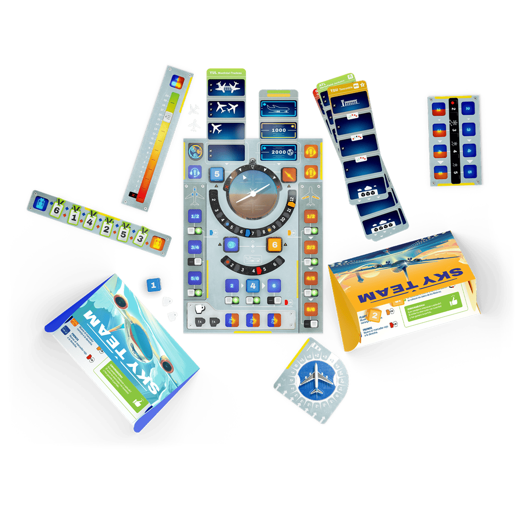 Contenido completo del juego Sky Team: dados, marcadores, libretas y paneles sobre fondo blanco