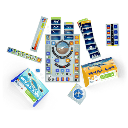 Contenido completo del juego Sky Team: dados, marcadores, libretas y paneles sobre fondo blanco