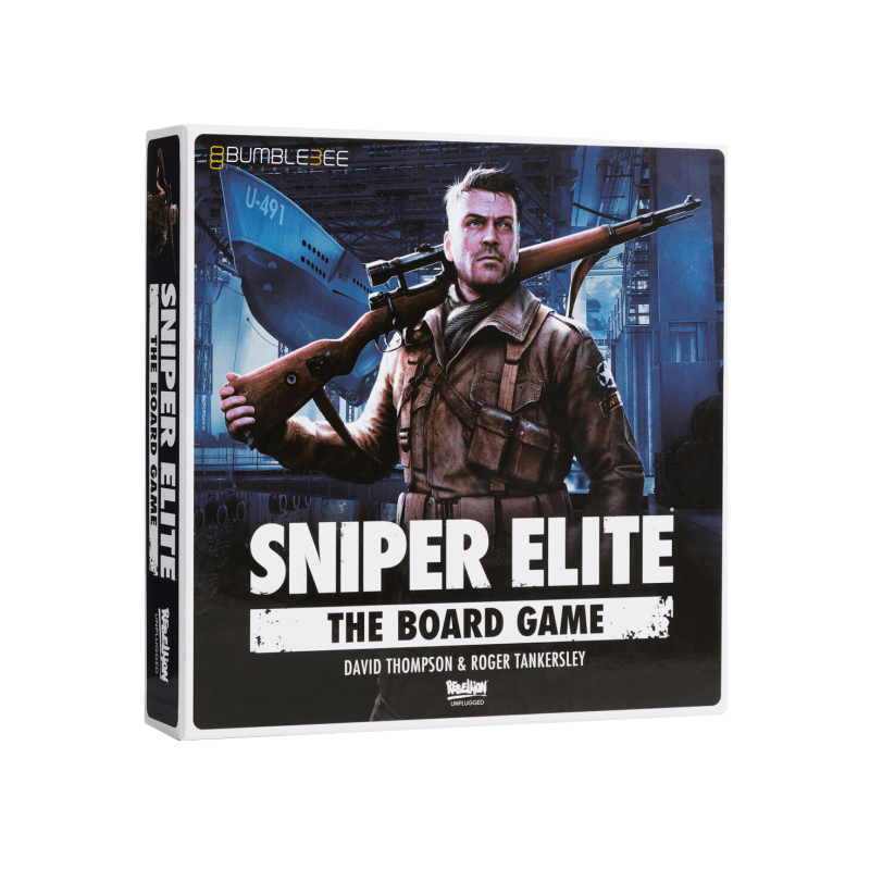 Caja del juego de mesa Sniper Elite con diseño militar y fusil, wargame de sigilo para 1 a 4 jugadores