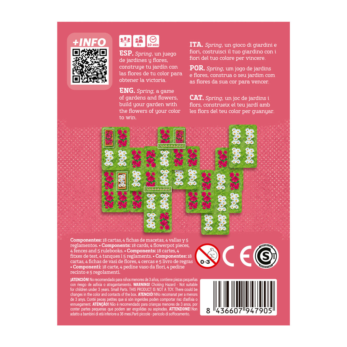 Dorso de la caja del juego de mesa Spring con información de componentes y reglas