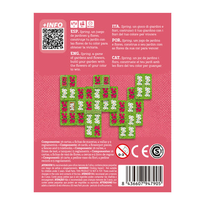 Dorso de la caja del juego de mesa Spring con información de componentes y reglas