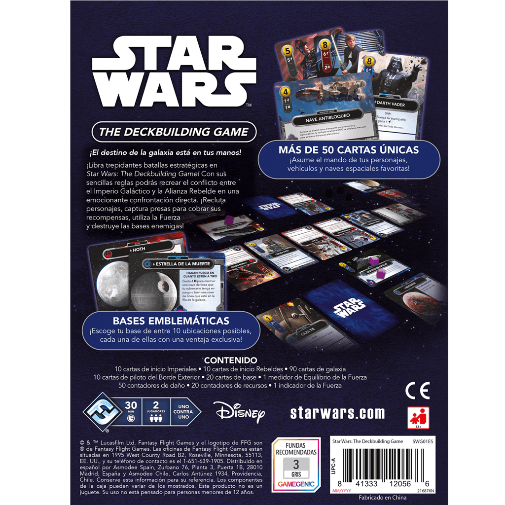 Dorso caja juego de mazos Star Wars Imperio vs Alianza Rebelde contenido español