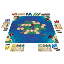 Tablero hexagonal Survive The Island con fichas de dinosaurios y terreno listo para jugar